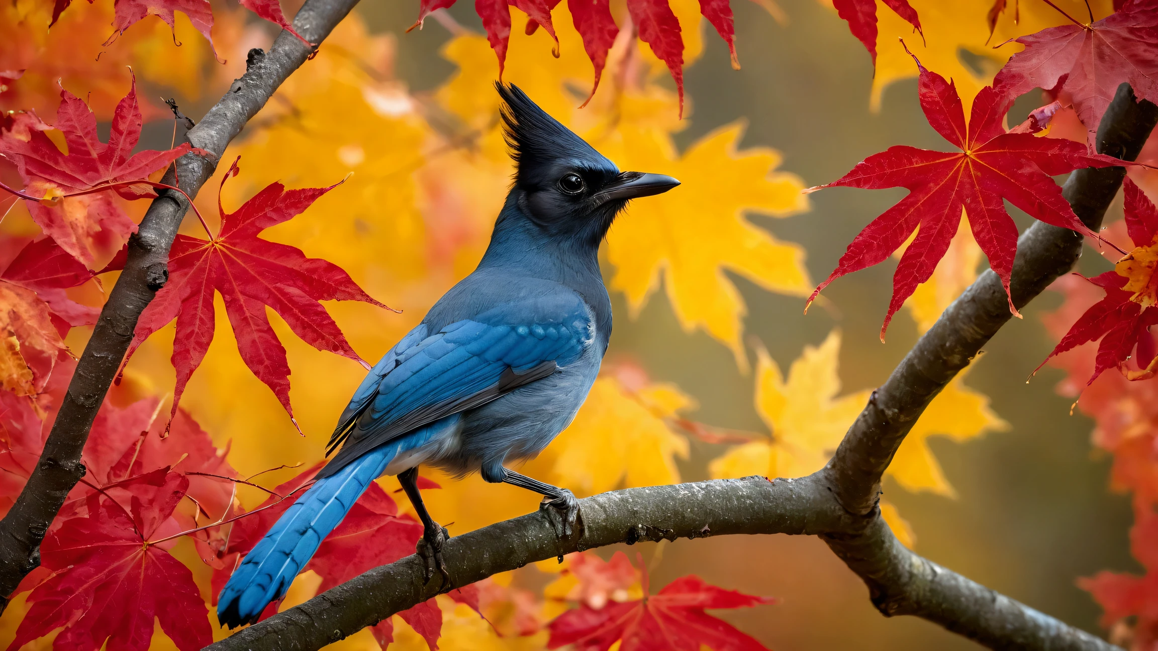 Ultra-high-definition 8K close-up photo of a Pacific Steller’s Jay perched gracefully on a maple tree branch. The bird is in a striking pose, surrounded by vivid golden and fiery red maple leaves, with a stunning close-up of the vibrant foliage.