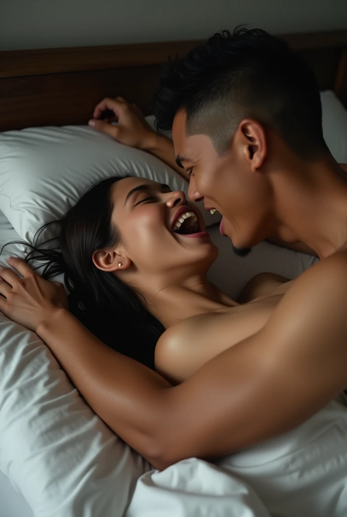 a couple indonesian man and woman are having sex in a bed. both lying down on the bed in traditional position. The woman facing the camera is in the highest stage of orgasm, spread her legs apart, her hands hugging tightly the back of the man. The man is on top. Photo realistic, close up