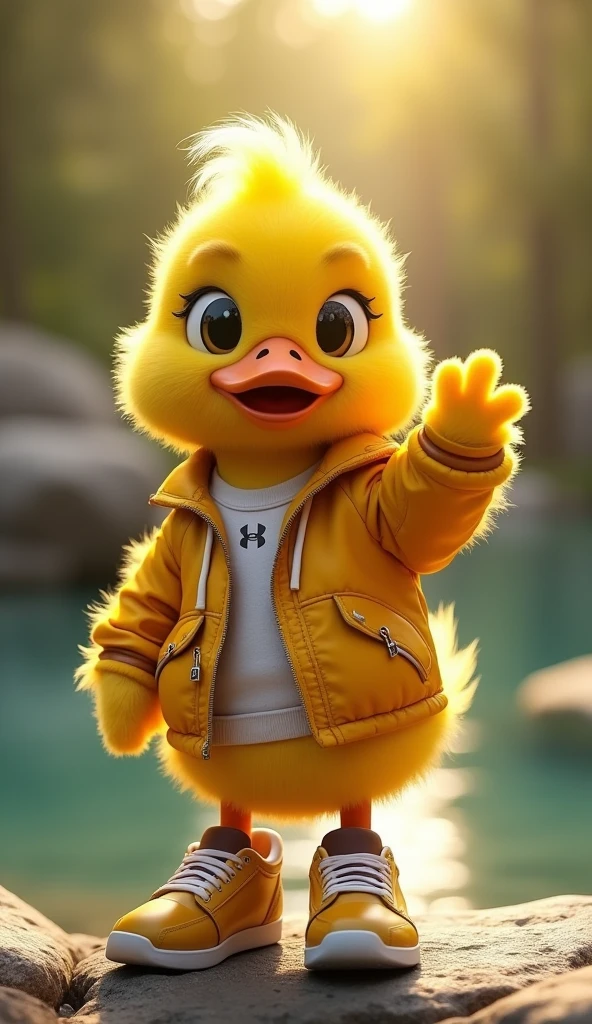 A Yellow Fluffy Duck with Raised Hand, Wearing a Jacket and Sneakers, Adorable, Highly Detailed, Photorealistic, 8K, Studio Lighting, Vibrant Colors, Dynamic Pose, Soft Feathers, Expressive Eyes, Detailed Texture, Realistic Materials, Whimsical, Charming, Playful, Touching, Exciting, Background of a Pond.