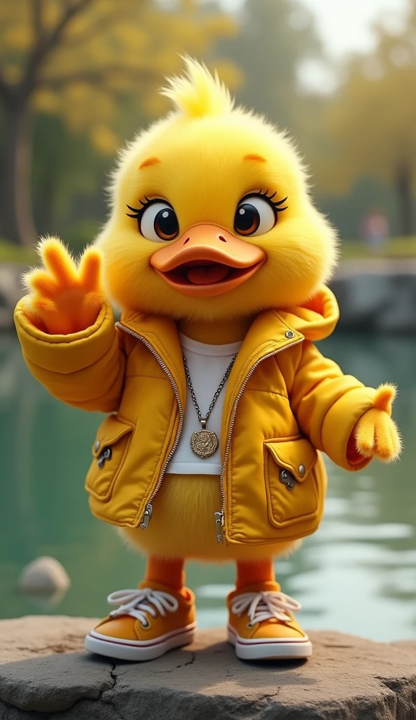A Yellow Fluffy Duck with Raised Hand, Wearing a Jacket and Sneakers, Adorable, Highly Detailed, Photorealistic, 8K, Studio Lighting, Vibrant Colors, Dynamic Pose, Soft Feathers, Expressive Eyes, Detailed Texture, Realistic Materials, Whimsical, Charming, Playful, Touching, Exciting, Background of a Pond.