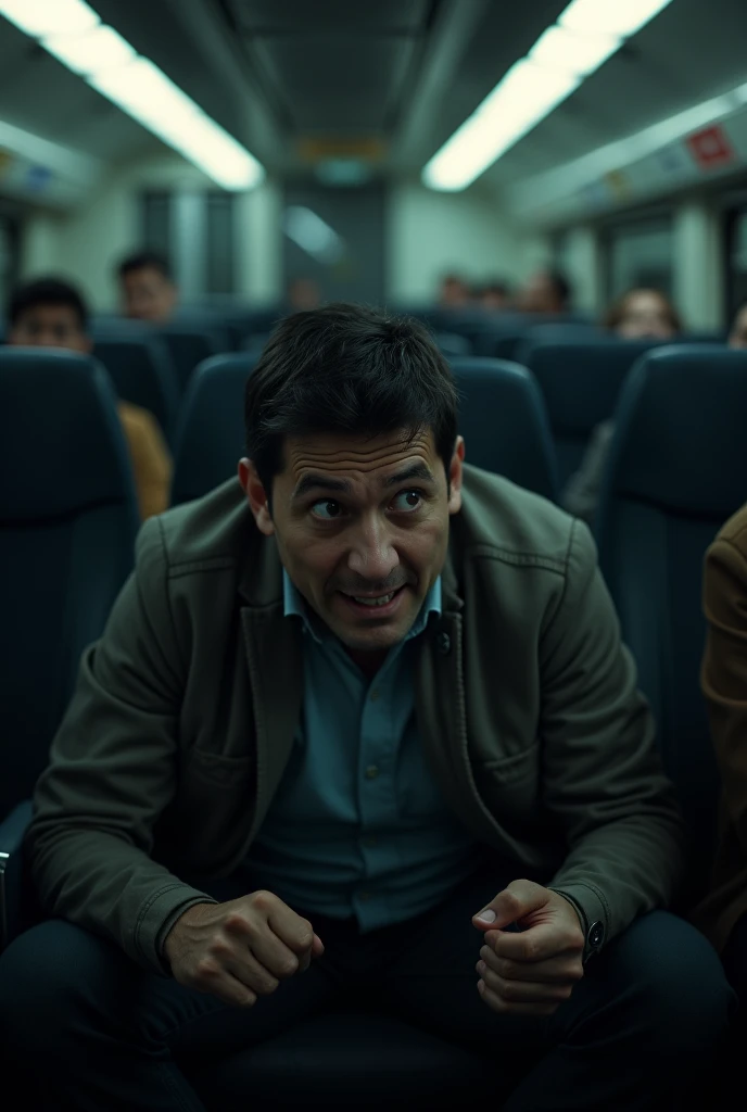 Scared man in his train seat