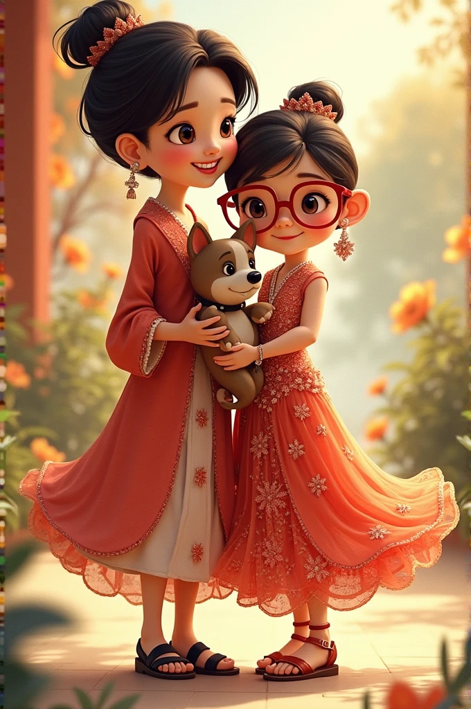 Cartoon pictures of A mother, daughter and a dog . The mother should have short hair wearing a beautiful outer and the daughter should wear a elegant transparent spectacles. The daughter should wear the most beautiful dress, she should wear a black sandal and silver jelwelries. The mother should hold the dog
The mother should not wear glasses
