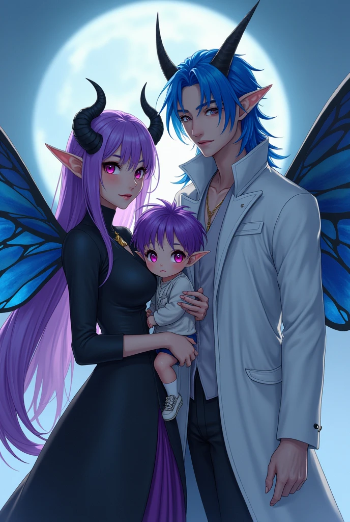 Woman with purple hair with black horns, Nordic clothing, elf ears, fuchsia pink eyes, carrying a male child with purple hair, blue eyes, with black horns and blue fluffy moth wings on his back, and still holding a man with pointed ears, blue hair and RAF blue skin, wearing a smart suit (white), robustly built, fine features on his face, with blue moth wings on his back, looking at the camera, detailed, at night , moon rays, background on the outside of a tundra, ultra detailed photography, 4k quality lighting, high resolution, masterpiece, anime style.
