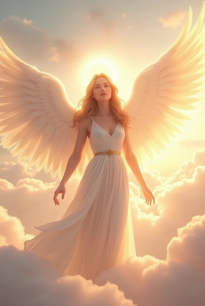 Create a serene and celestial scene featuring a majestic female angel in a radiant sky at dawn. The angel should have large, feathery wings that glow softly, the angel must be hovering above the clouds. She is dressed in flowing white robes with golden accents, and her halo shine with a warm, divine light. The background includes a pastel-colored sky with hints of pink, orange, and gold, as the first light of dawn breaks. Below, soft clouds swirl, giving the scene a heavenly, peaceful atmosphere. beautiful detailed eyes, beautiful detailed lips, extremely detailed face and features, long eyelashes, angelic expression, graceful poses, glowing halos, shimmering light, pastel colors, warm soft lighting, photorealistic, 8k, high quality, masterpiece