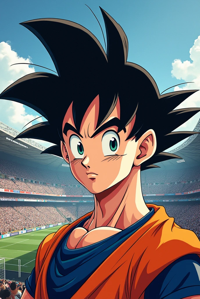 Une photo de profil manga dragon ball, with my head on it dragon ball style, the Santiago bernabeau in the background, Elb_erwane écrit dan sla police dragon ball écrit mon pseudo