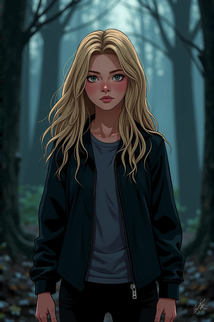 style: 2D Comic Genre: Female age: teenager HAIR DESCRIPTION: Long Messy Blonde SKIN TONE: clear features of the eyes: light coffee clothing: black jacket Stage: Forest at night posture: looking to the camera (from waist to head)
Expression: Neutral setting: The Hunger Games