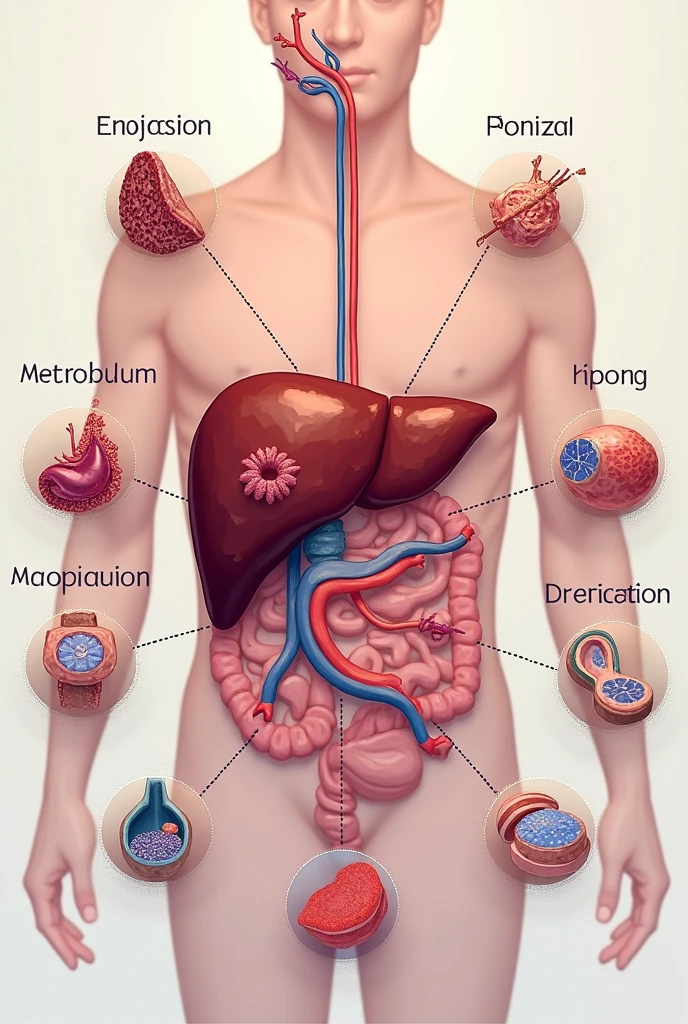 An image related to this: 1. Bile production: Hepatocytes produce bile, which is a yellow substance that helps digest fats in the small intestine.
2. Nutrient metabolism: Hepatocytes process nutrients absorbed by the intestine, like carbohydrates, proteins and fats.
3. Glycogen storage: Hepatocytes store glycogen, a form of carbohydrate that can be rapidly converted to glucose and used as an energy source.
4. Detoxification: Hepatocytes remove toxic substances from the body, like ammonia and drugs.
5. Protein production: Hepatocytes produce important proteins, such as albumin and coagulation factors.
In summary, Hepatocytes are essential for maintaining body homeostasis and performing a variety of functions critical to health..