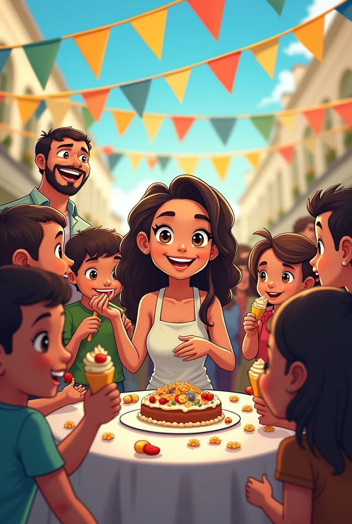 Scene 4: Success at the Party Description:
A lively party with campaign flags and happy people tasting the new sweet treat. Children and adults are smiling and holding brigadeiros. In the center of the scene, Dona Heloísa is acclaimed as the creator of the sweet. Brigadier Eduardo Gomes appears in a corner, looking at the candy with curiosity.
Digital drawing in chibi style