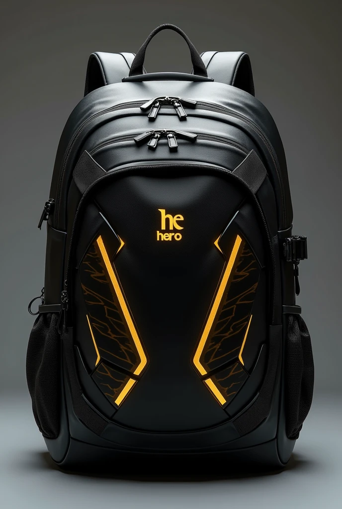 Black 2D tactical backpack with gold details, reflective strips with geometric patterns, and a small symbol "THE HERO" At the top.