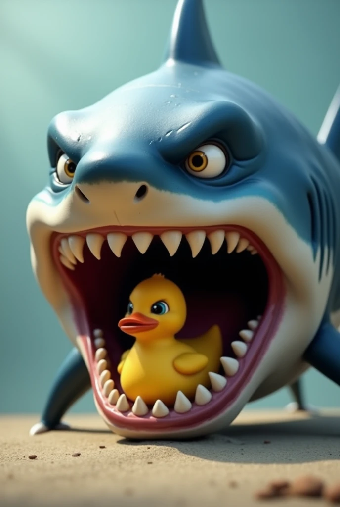 Strong shark with an angry face with a weak yellow duck inside its mouth Pixar image