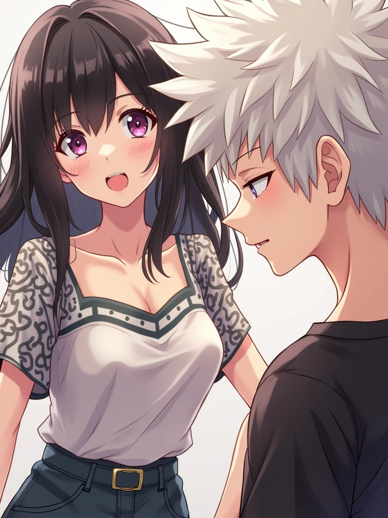 bakugo katsuki sexy on top of a girl with black hair, purple eyes, beautiful. couple image.