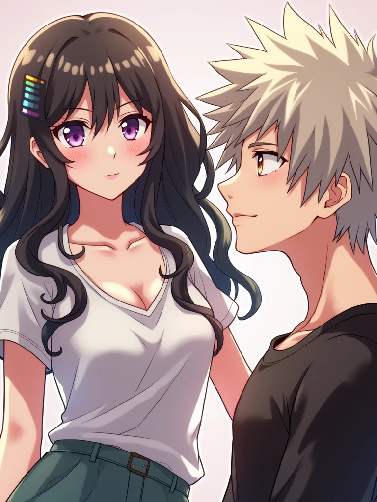 bakugo katsuki sexy on top of a girl with black hair, purple eyes, beautiful. couple image.
