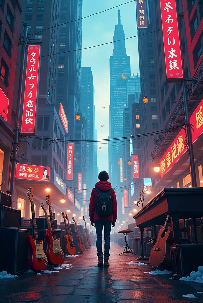 Image for the cover of my music-themed notebook with instruments and an artist in the background who cannot be seen in a city 