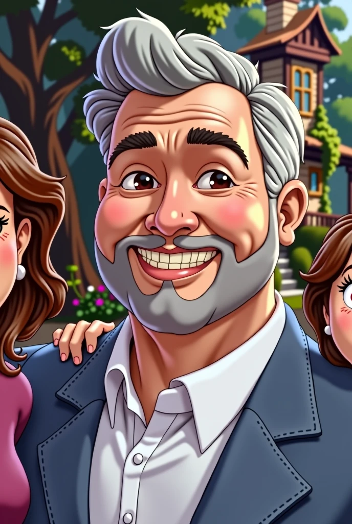 Use the same face of the man in the inspiration image, insert a woman into the scene, his wife and 3 children, everyone smiling like a happy family, use a house and trees as a background, create image in Disney character style