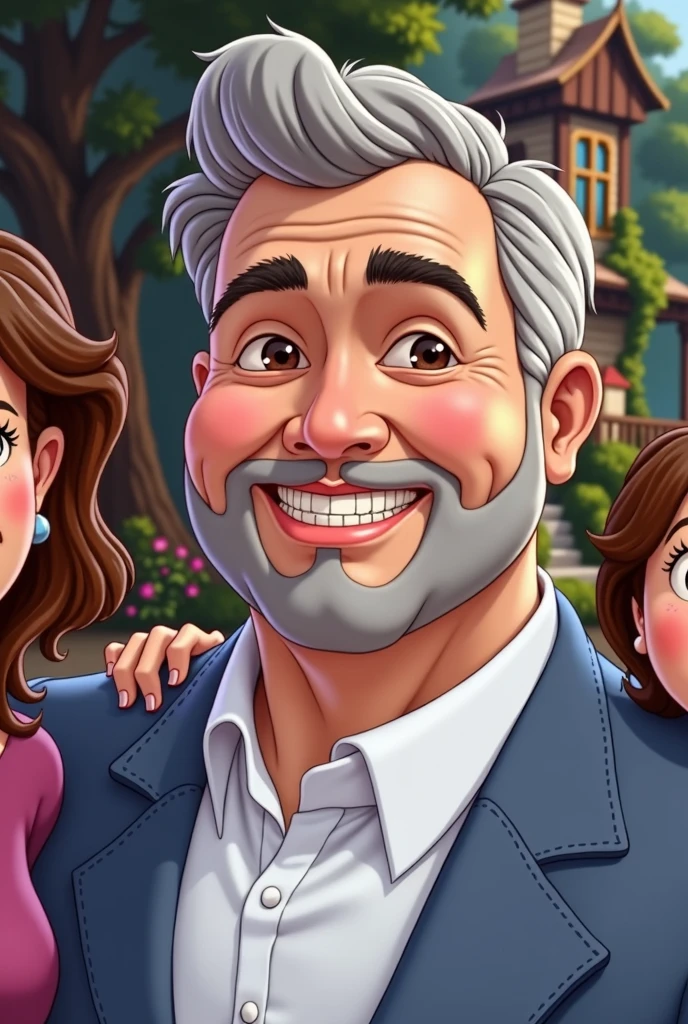 Use the same face of the man in the inspiration image, insert a woman into the scene, his wife and 3 children, everyone smiling like a happy family, use a house and trees as a background, create image in Disney character style