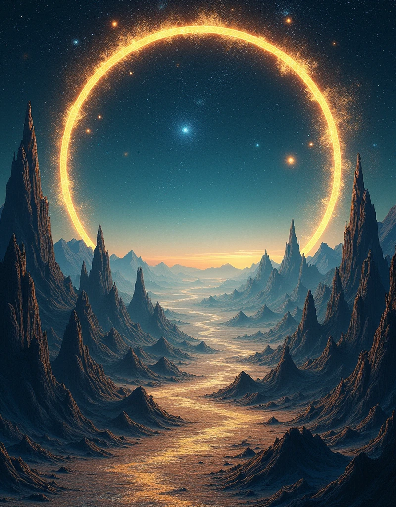Round,Minimalist composition,Large wide angle,Three-dimensional space,James R. Eads,Peter Gric,Starry Sky,The distant mountains are hazy,Fall,A complex ring of fate with an inner glowing gold edge,A backlit angel,time Tunnel,pointer,Starlight,Magnificent palace,Three-dimensional brushwork,Delicate, clear and beautiful lines,Diffuse gradient,Strong internal fluorescence,3D Model,,uhd,hdr,16K