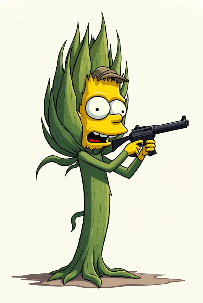 Bart simpson in the form of an artichoke with a gun and a cap in the form of a drawing