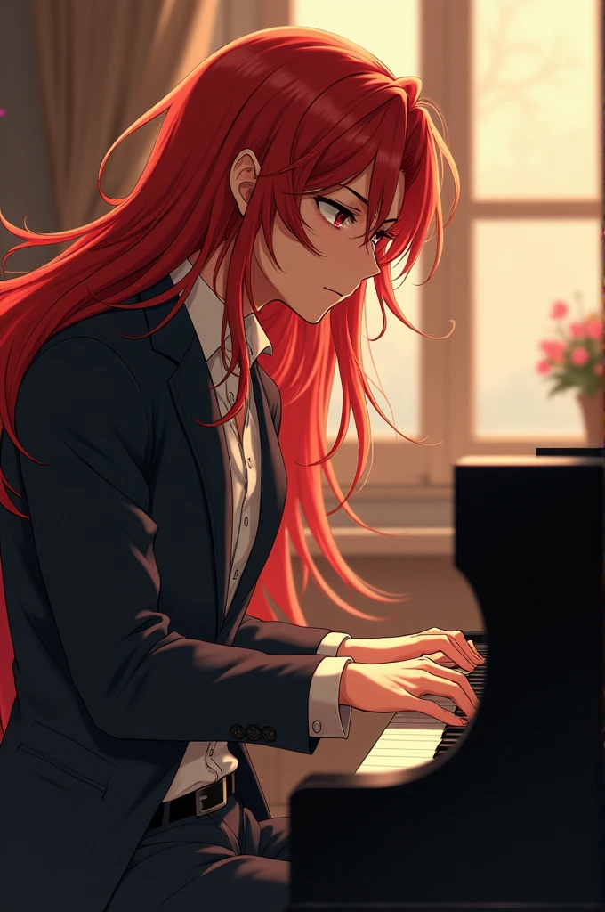 ((best quality)), ((masterpiece)), (detailed) Anime handsome a men with long red hair, playing the piano