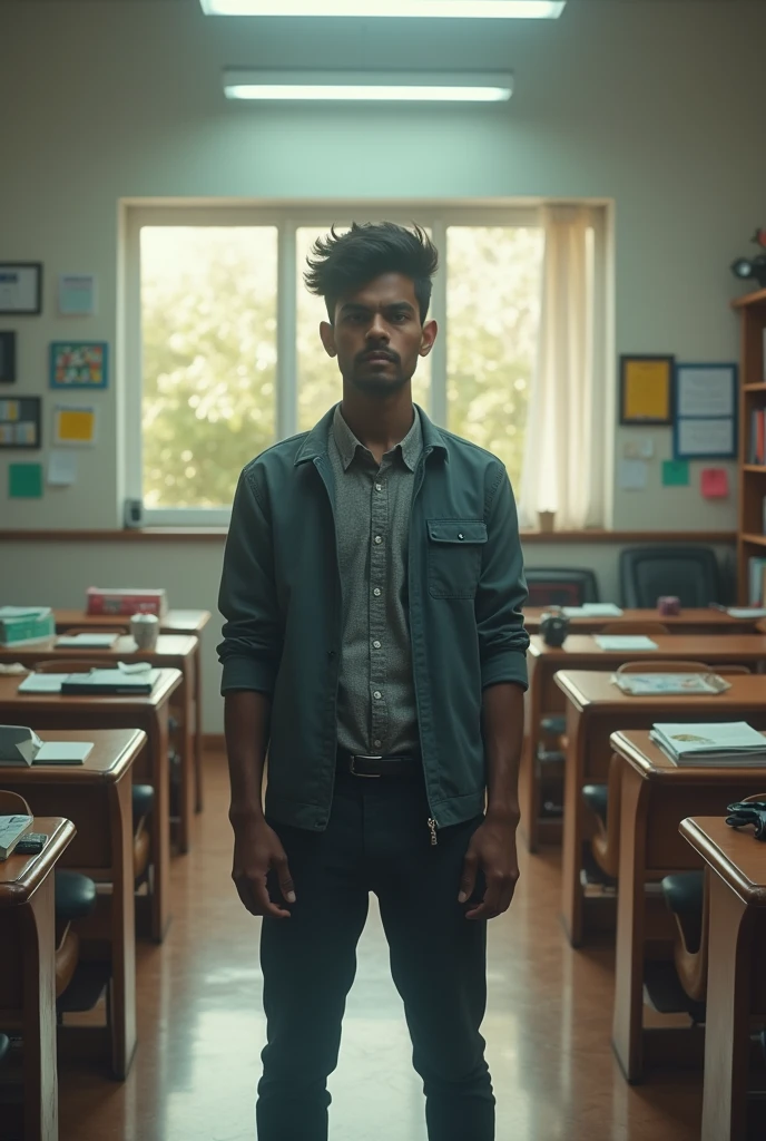 In cinematic real story "
Transformation: A contrasting image of Arjun in a modern classroom with books and technology, showing his progress and success"
