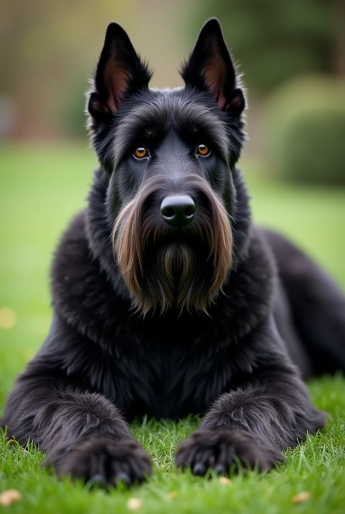 Giant Schnauzer Lying [ Straight to me]  in front view [Eye level] , [Black shaggy fur ]
[ On green grass ]  5° angle upwards 