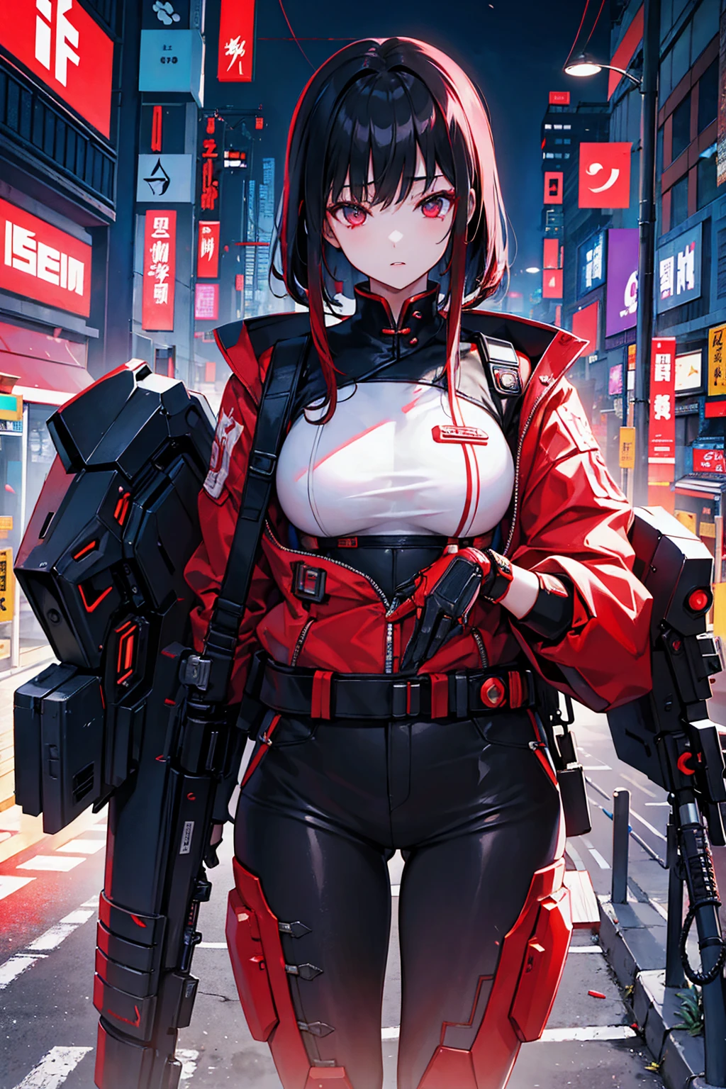 cyberpunk book cover. cybernetic chinese sexy girl wearing red cheonsam in japan future city