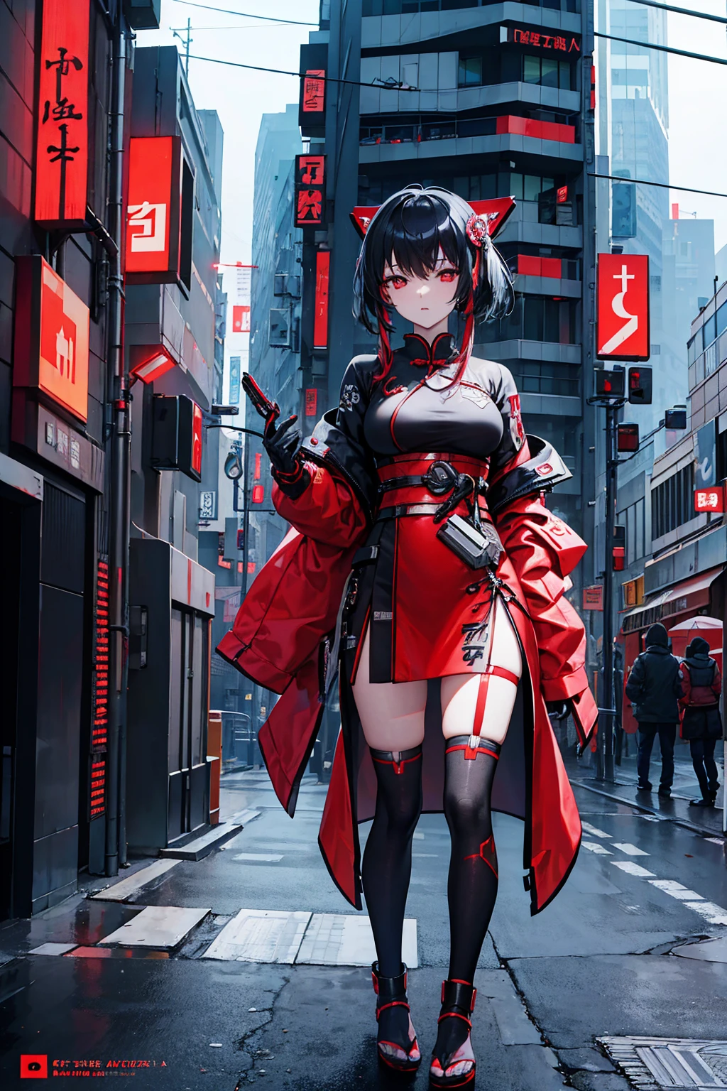 cyberpunk book cover. cybernetic chinese sexy girl wearing red cheonsam in japan future city