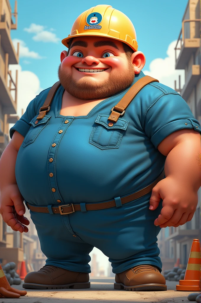 Big man, fat baby face, dressed in blue work clothes and a blue safety helmet with the Azucarlito logo 