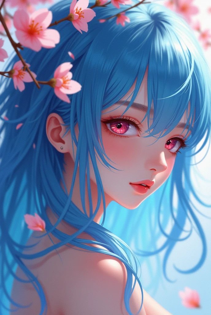 blue hair with cherry blossom petals