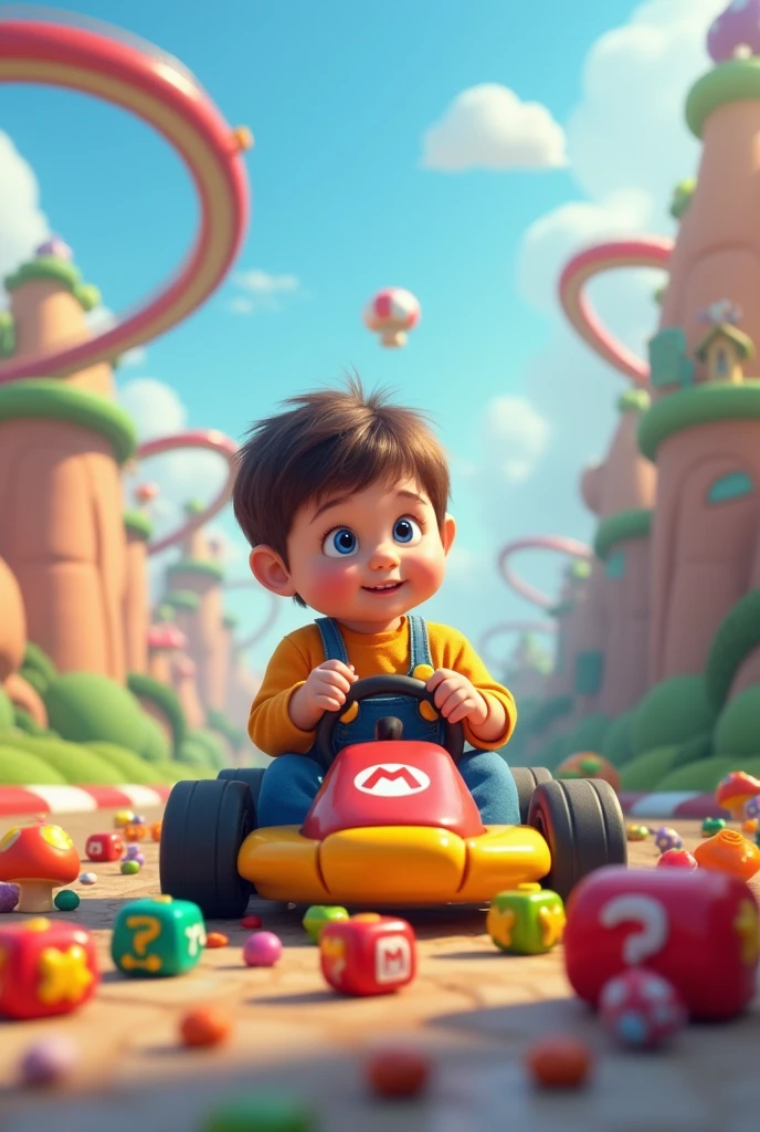 A child playing with blocks in the Mario Kart graphic