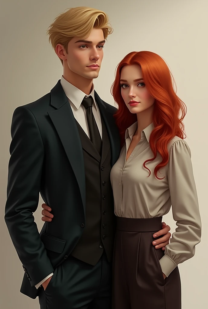 Tall blond man wearing an elegant suit, next to him a short red-haired woman.