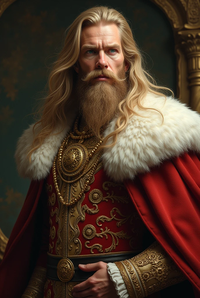 Blond man with long beard, longwavy hair, greeneyes, haughty look, king's robes