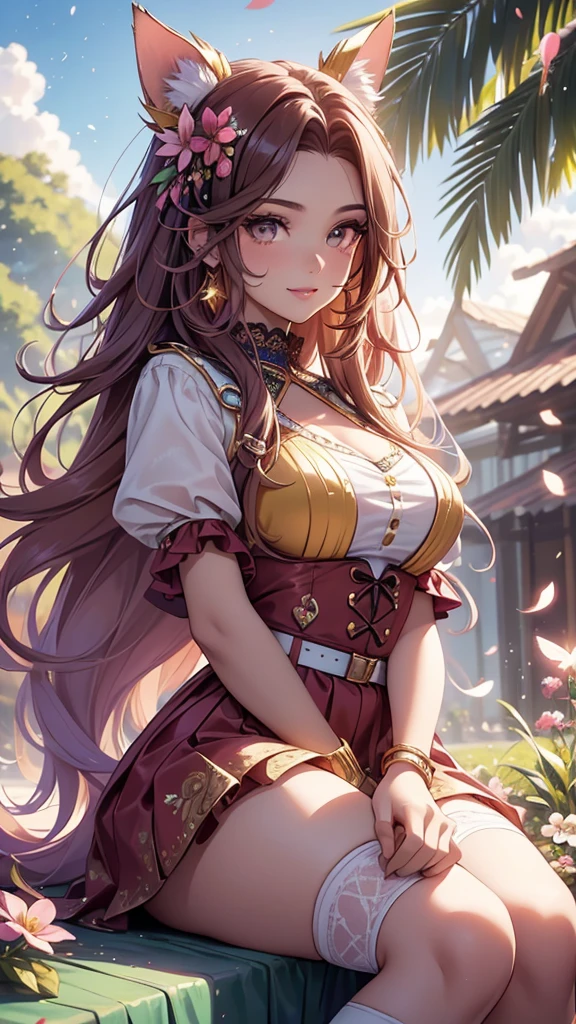 (best quality,4k,8k,highres,masterpiece:1.2),ultra-detailed,(realistic,photorealistic,photo-realistic:1.37),acrylic painting,beautiful Brazilian model in a red outfit with downy hair,beautiful Brazilian model with extremely colorful brown hair and detailed facial features,beautiful Brazilian model standing in a beautiful garden surrounded by a starry sky,beautiful Brazilian model wearing a vibrant outfit,beautiful Brazilian model with intricate accessories,cat ears, ,beautiful Brazilian model with long flowing twintails,beautiful Brazilian model with bright brown eyes and rosy lips,beautiful Brazilian model with a joyful expression,beautiful Brazilian model in a dynamic pose with cherry blossoms falling around her,beautiful Brazilian model surrounded by colorful flowers and butterflies,beautiful Brazilian model's outfit adorned with cute bows and lace details red and gold,beautiful Brazilian model with an enchanting smile,beautiful Brazilian model with soft, pastel-colored shading,beautiful Brazilian model with a magical glow illuminating her,beautiful Brazilian model in a picturesque setting with a winding path leading to a magnificent castle,beautiful Brazilian model with a fairytale-like background,beautiful Brazilian model with a soft, dreamy atmosphere,beautiful Brazilian model with a subtle bokeh effect,beautiful Brazilian model standing under a sunny sky,beautiful Brazilian model with a warm, golden sunset in the background,beautiful Brazilian model surrounded by twinkling stars and colorful nebulae,creating an ethereal and captivating artistic masterpiece, sitting down, facing camera, portrait, blouse uniform outfit 