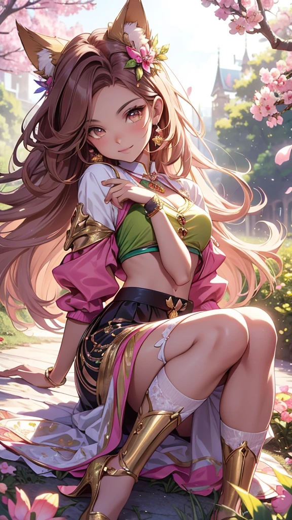 (best quality,4k,8k,highres,masterpiece:1.2),ultra-detailed,(realistic,photorealistic,photo-realistic:1.37),acrylic painting,beautiful Brazilian model in a bright pink teal outfit, with downy brown hair,beautiful Brazilian model with extremely colorful brown hair and detailed facial features,beautiful Brazilian model standing in a beautiful garden surrounded by a starry sky,beautiful Brazilian model wearing a vibrant outfit,beautiful Brazilian model with intricate accessories,cat ears, ,beautiful Brazilian model with long flowing twintails,beautiful Brazilian model with bright brown eyes and rosy lips,beautiful Brazilian model with a joyful expression,beautiful Brazilian model in a dynamic pose with cherry blossoms falling around her,beautiful Brazilian model surrounded by colorful flowers and butterflies,beautiful Brazilian model's outfit adorned with cute bows and lace details red and gold,beautiful Brazilian model with an enchanting smile,beautiful Brazilian model with soft, pastel-colored shading,beautiful Brazilian model with a magical glow illuminating her,beautiful Brazilian model in a picturesque setting with a winding path leading to a magnificent castle,beautiful Brazilian model with a fairytale-like background,beautiful Brazilian model with a soft, dreamy atmosphere,beautiful Brazilian model with a subtle bokeh effect,beautiful Brazilian model standing under a sunny sky,beautiful Brazilian model with a warm, golden sunset in the background,beautiful Brazilian model surrounded by twinkling stars and colorful nebulae,creating an ethereal and captivating artistic masterpiece, sitting down, facing camera, portrait,school uniform outfit, scout uniform outfit 