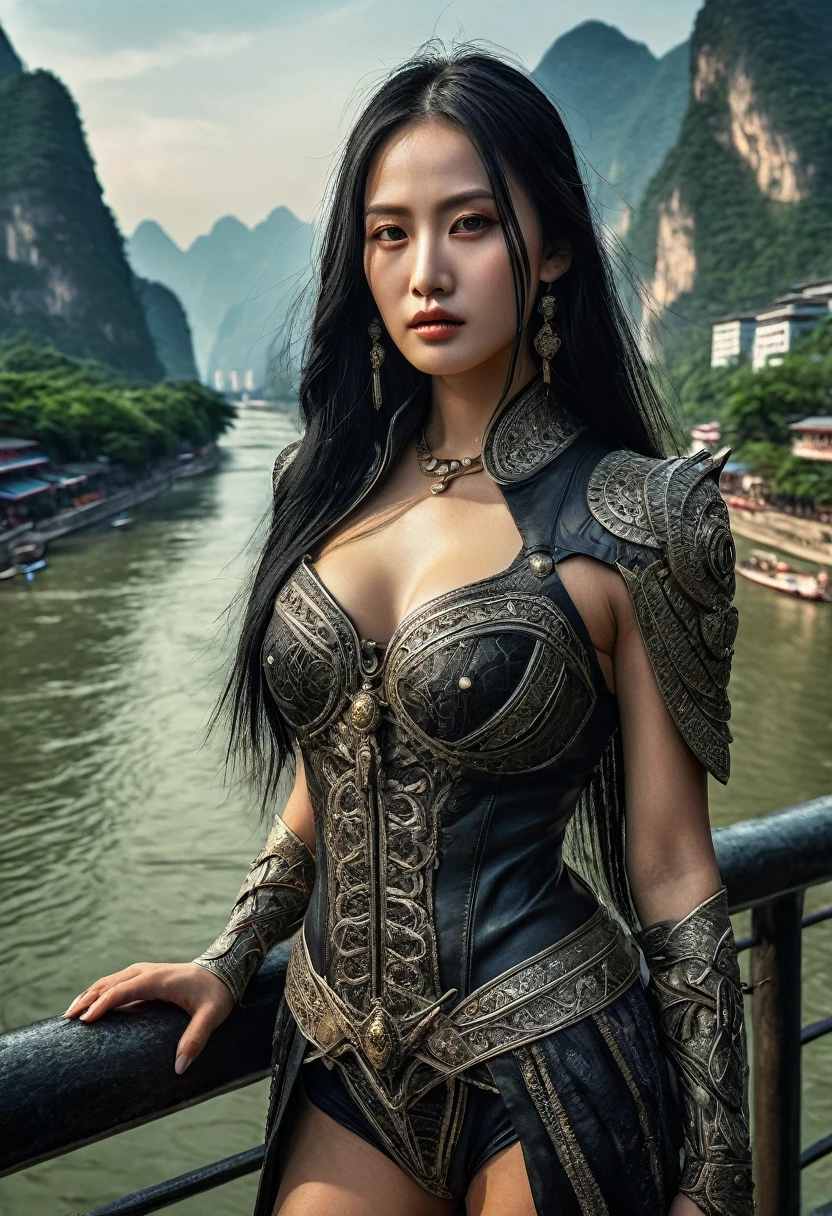full body length shot, genius dressed lady Keiko, long black hair, wants eat, beauty in city of future, Cinematic, soft colors, Technicolor, natural skin textures, hyper realism, hyper detailed, Extremely detailed, Masterpiece, Realistic, Ultra Detailed, intricate details, realistic humid leather, extremly intricate, Epic Realistic, cinematic style, hdr, extremely detailed, masterpiece, intricate details, faded, eyes extremely detailed, high detailed eyes,16k resolution, RAW, Nikon Z9, Songbird, orc, Li River in China, Creative, masterpiece, fantasy, super detailed, high resolution, intricate details High Quality, 8k, Realistic, Ultra-Detailed, Dramatic Lighting, Soft Focus, Digital Illustration, Strong Gaze, Complex Mechanics, Advanced Technology, Dark Background, Cinematic, High Contrast, Moody, Strict, Atmosphere, (Best Quality, 4k, 8k, High Definition, Masterpiece: 1. 2 ), ultra-detailed, (realistic, graphic, photorealistic:1.37) --no glass --no bridge parapet --no bridge --no Metal rod behind the figure