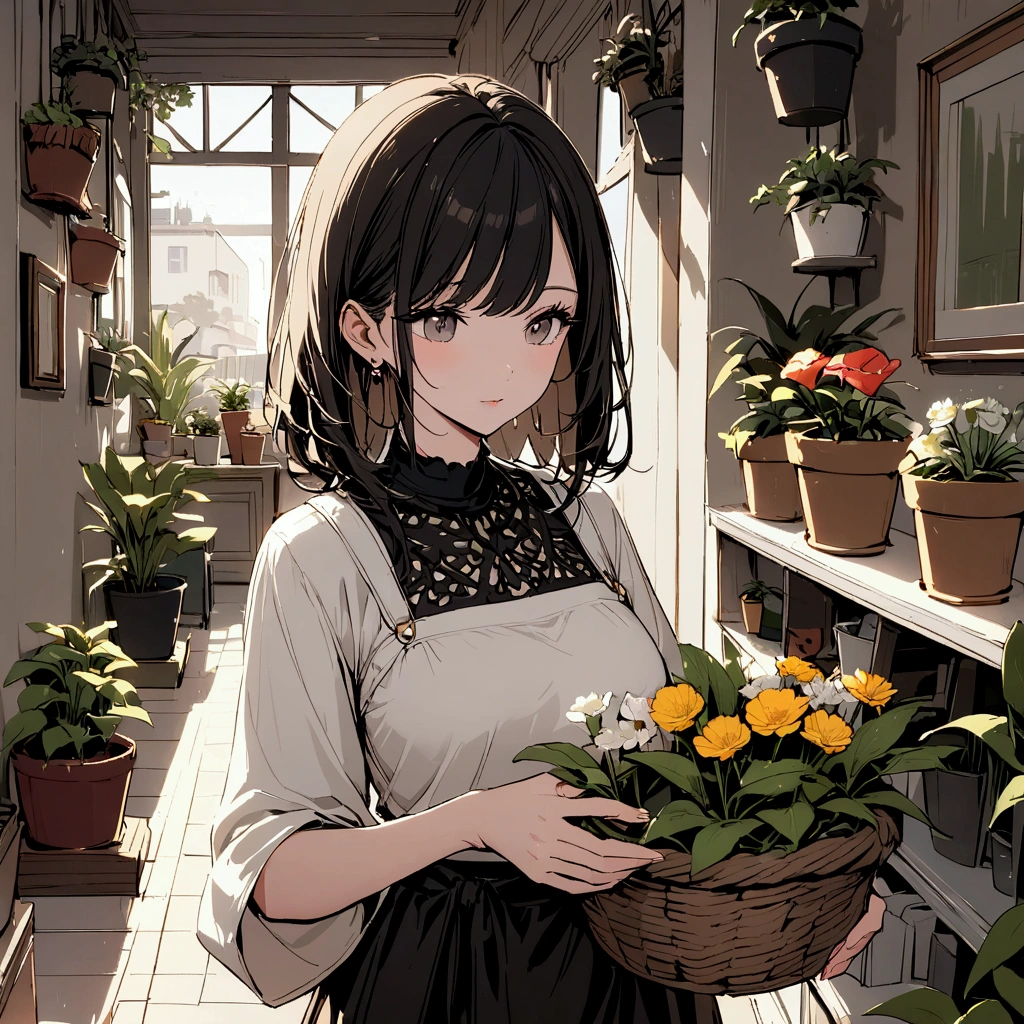 A woman in a flat-colored casual outfit, holding a basket with flowers in her hand. Chic, soft atmosphere. Soft light. Many potted plants and plants in the background.