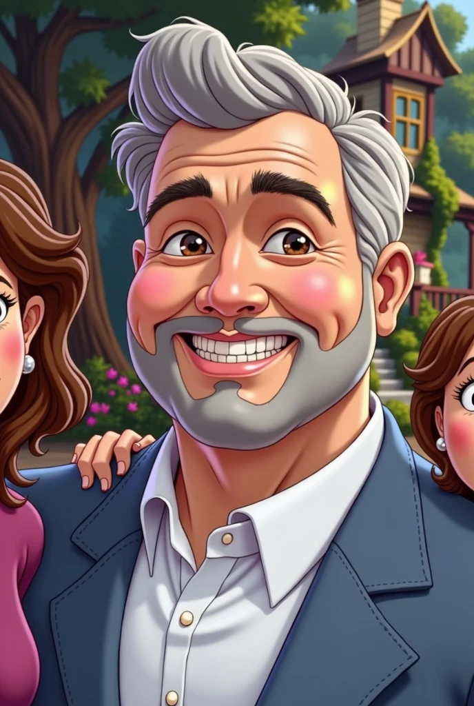 Use the same face of the man in the inspiration image, insert a woman into the scene, his wife and 3 children, everyone smiling like a happy family, use a house and trees as a background, create image in Disney character style