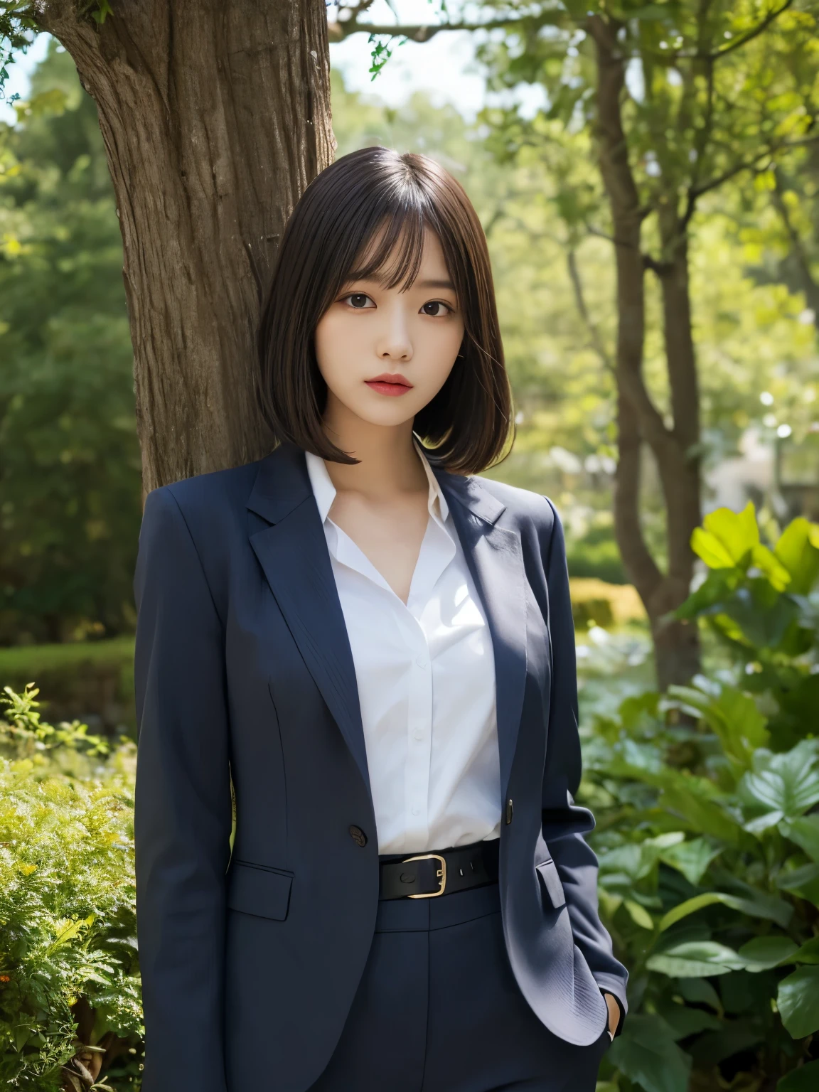 (1girl:1.3), Masterpiece, Best quality, amazing beauty, 4K, absurdres, finely detail, super detailed eye, perfect anatomy, official art, cinematic lighting, BREAK, garden, Park, river, mountain, silky bob cut, silky wavy hair, black hair, blonde, BREAK , usually, medium, , BREAK , (private clothes:1.2), (One-piece:1.2), (business suit:1.2), (swimsuit:1.2), BREAK,()