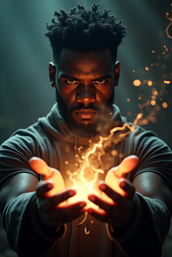 (photorealism:1.2), A young 2 man with angry black skin who sends magic lasers with his hands