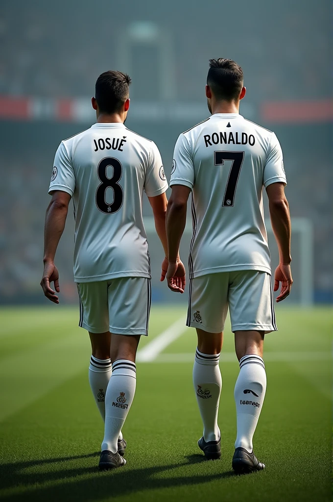 an adult with the real madrid shirt with the name "Josué" number 8, with his back walking across the field and cristiano Ronaldo with the back also walking next to him (cristiano Ronaldo's outfit: real mardid shirt with the name "cristiano Ronaldo" number 7)