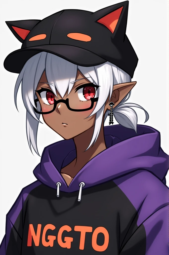 young man, Black skin tone, dark red eyes, elf ear small size, black earring in the shape of a cross but with two ears, wears prescription glasses, White hair, hair tied with ponytail, 2 strands of hair in the front, wears a black cap with a cat face, wears a closed hood with two different colors, black on one side and purple on the other, with an orange name written: NGGTO