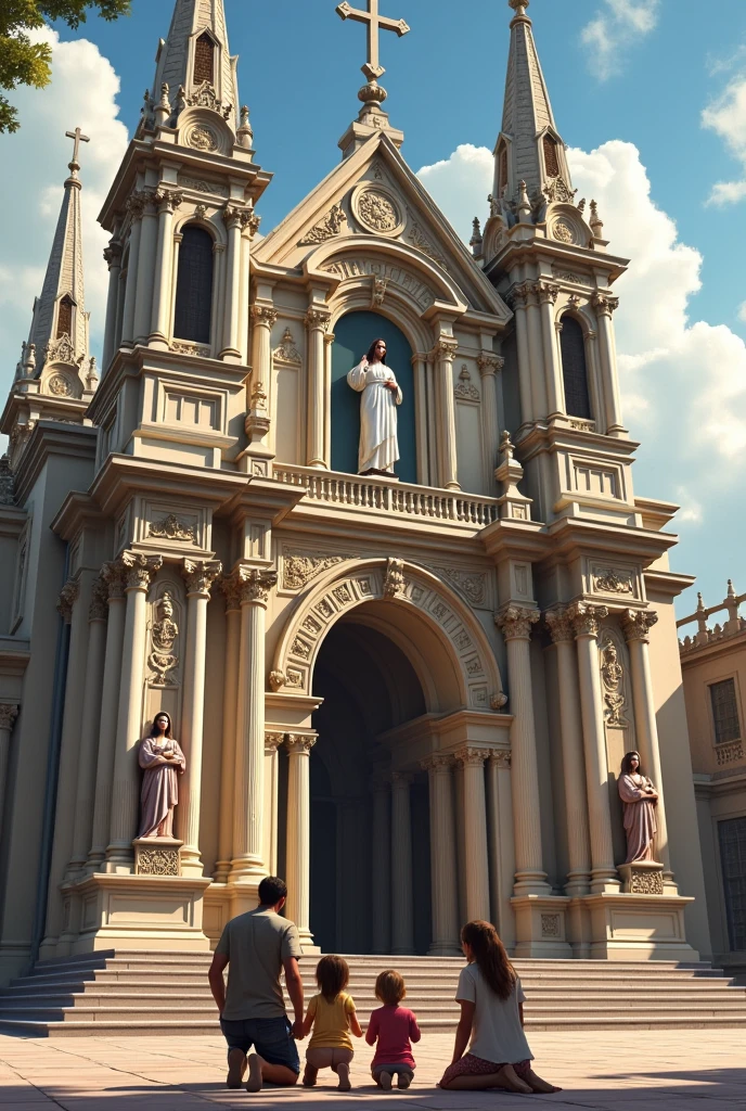 the facade of a Catholic church from the outside with a family composed (Baba, Mother, daughter and son) on your knees around the church, and the image of Jesus Christ fitted to the left side of the church