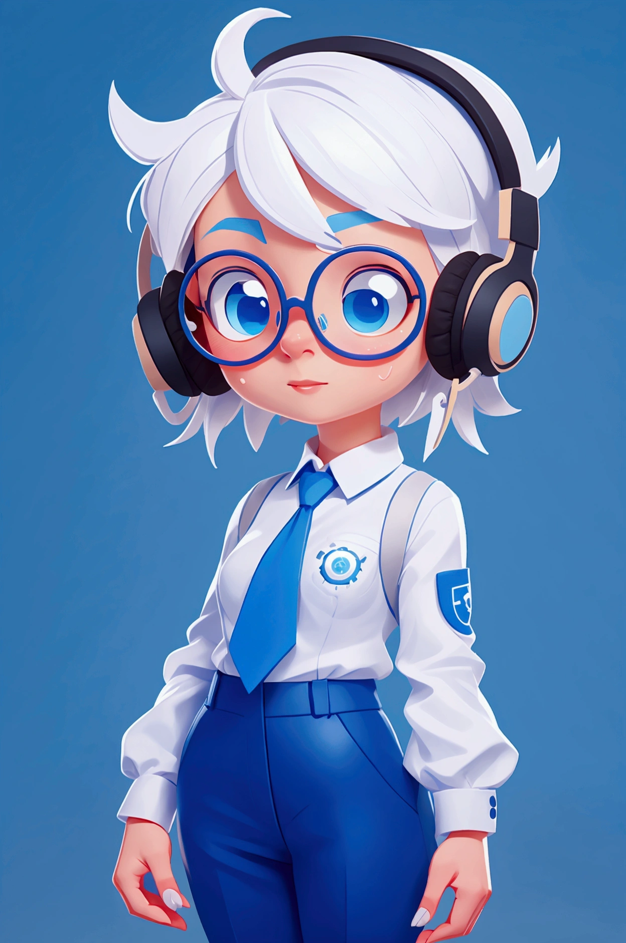 customer service uniform, white hair, beautiful blue eyes, headset, head portrait, pretty girl with calm and friendly facial expression, glasses