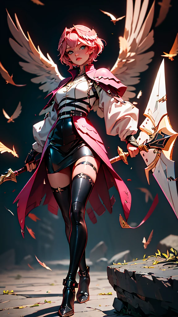 envision a 8k, highres, cinematic, beautiful full body concept art design sheet of a hawk woman with pretty mature features posing with a halberd with short pink hair, wings on head, a black shiny skirt, black tights, flight jacket, leather armor, magic effects in dark lighting, against a dark gray background