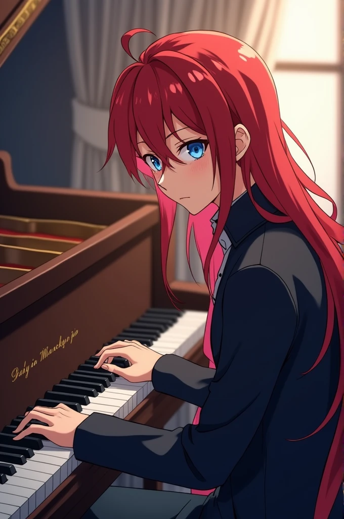 ((best quality)), ((masterpiece)), (detailed) Anime handsome a men with long red hair and blue eyes, playing the piano