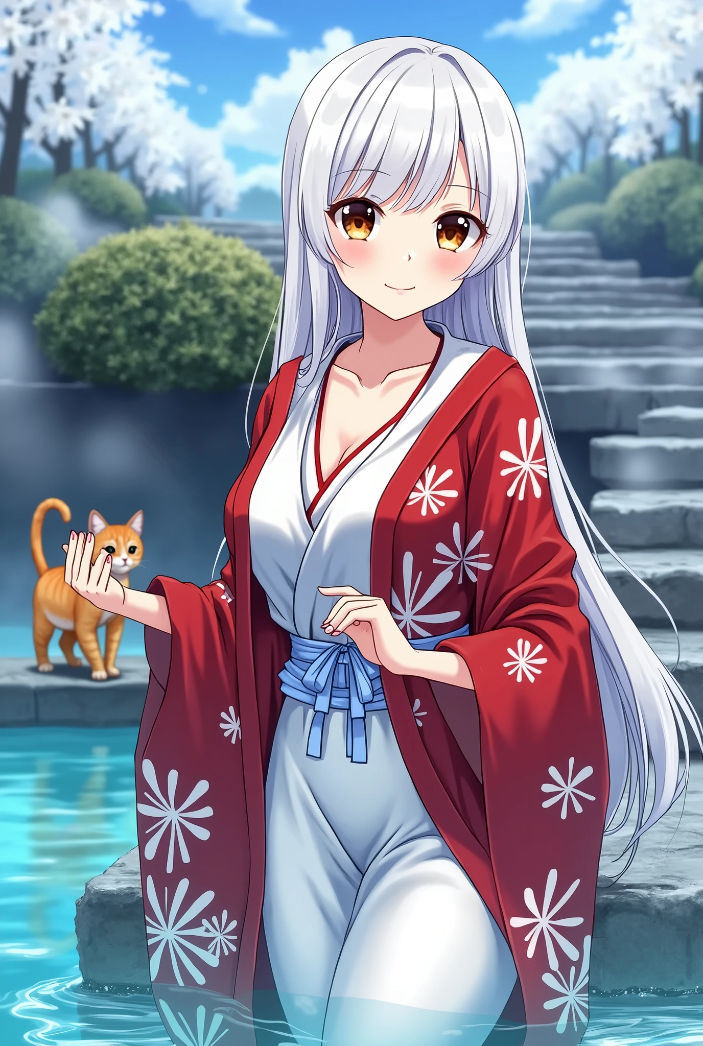 1 girl(masterpiece,top quality,best quality,official art,Beauty and aesthetics:1.2),silky smooth white hair,brown eyes,long hair,flower in hair, tall figure,enchanted,enchanting,Flushed complexion, playful expression, super gigantic breasts,Breasts larger than the head,Red and white kimono, clogs,Off the shoulders,detailed cleavage,Sitting on the stone steps by the water of a hot spring, steam over the water, thigh exposed, small orange tabby cat passing by behind her, soft hands, defined nails, white eye lashes, Cherry blossoms are in bloom,