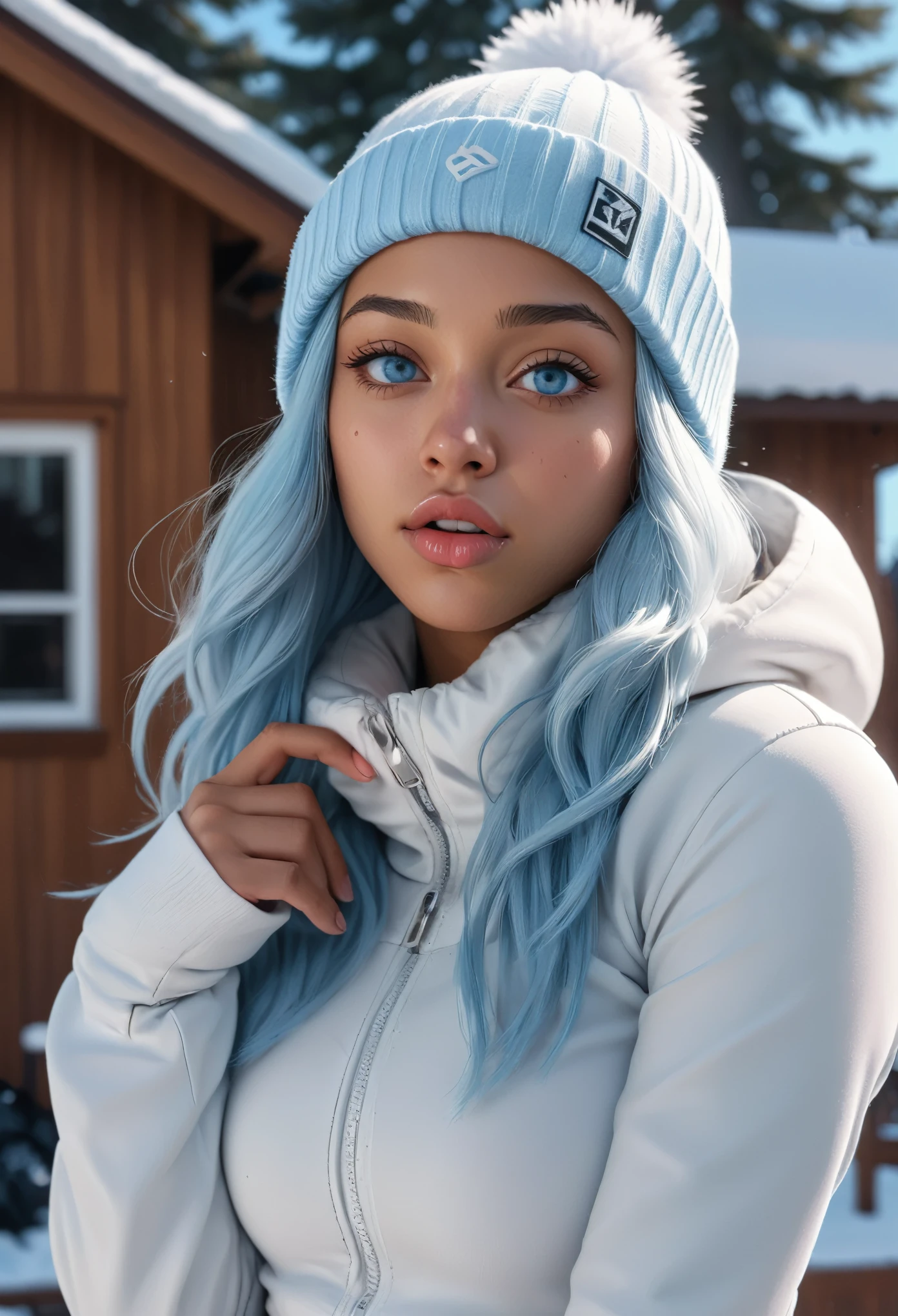 (masterpiece, best quality, photorealistic, Instagram photo,1 girl, Nia Johnson, sexy girl, beautiful girl, young lady, solo, Realism, natural light, ray tracing, Subsurface scattering, high-resolution, realistic style, 8k , official art, aesthetic, high contrast, extreme detailed background, soothing tones, realistic, beautiful light blue eyes, (sad face), perfect face, detailed face, detailed hair, shiny skin, perfect skin, (2:1.4), blush,(opening clothes:1.1), Thick long light blue hair, cute toque, (wide shot:1.5),(breast,cleavage:1.1), (Sports theme:1.5),((snowboarding), ((blowing kiss: 1.5)), (wearing white_light_blue_winter_outfit:1.3),1girl,Breasts