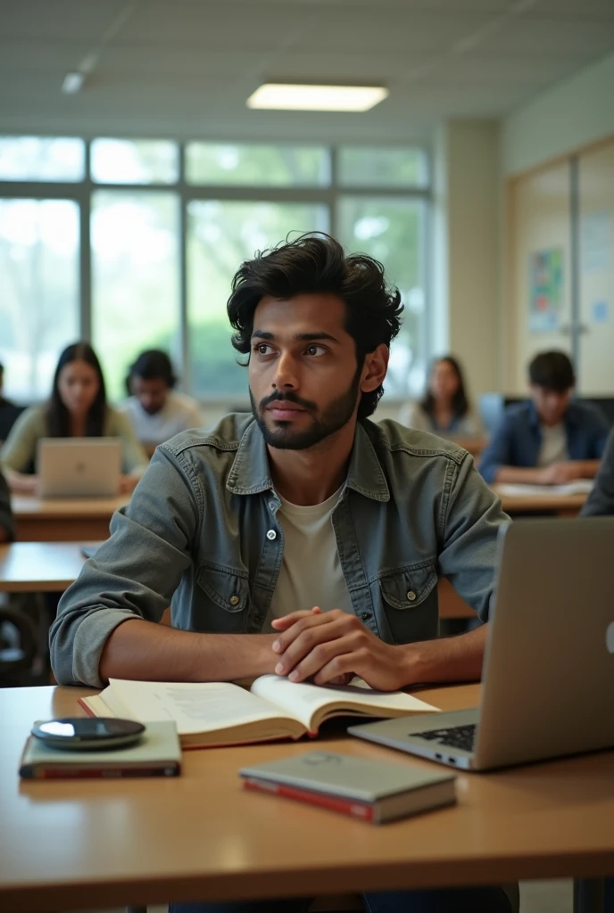 In cinematic real story " A contrasting image of Arjun in a modern classroom with books and technology, showing his progress and success"
