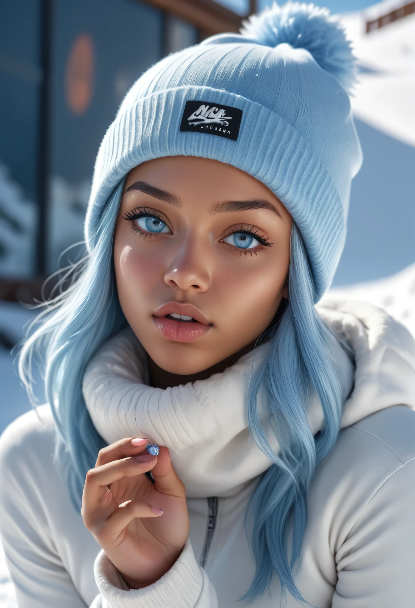 (masterpiece, best quality, photorealistic, Instagram photo,1 girl, Nia Johnson, sexy girl, beautiful girl, young lady, solo, Realism, natural light, ray tracing, Subsurface scattering, high-resolution, realistic style, 8k , official art, aesthetic, high contrast, extreme detailed background, soothing tones, realistic, beautiful light blue eyes, (sad face), perfect face, detailed face, detailed hair, shiny skin, perfect skin, (2:1.4), blush,(opening clothes:1.1), Thick long light blue hair, cute toque, (wide shot:1.5),(breast,cleavage:1.1), (Sports theme:1.5),((snowboarding), ((blowing kiss: 1.5)), (wearing white_light_blue_winter_outfit:1.3),1girl,Breasts