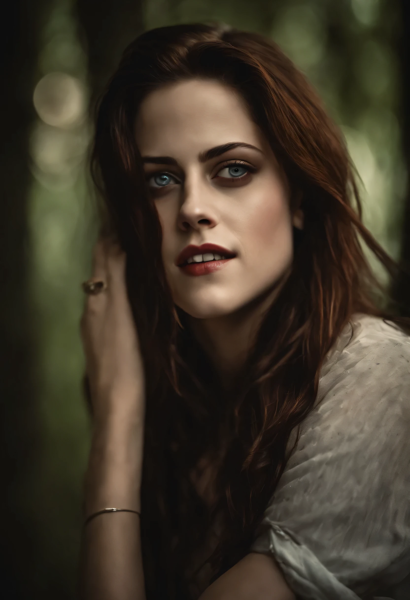Kristen Stewart, portrait, Lovely face, pretty eyes, vampire teeth,vampire,blood, best qulaity, full-body, emo, Bella swan, realistic