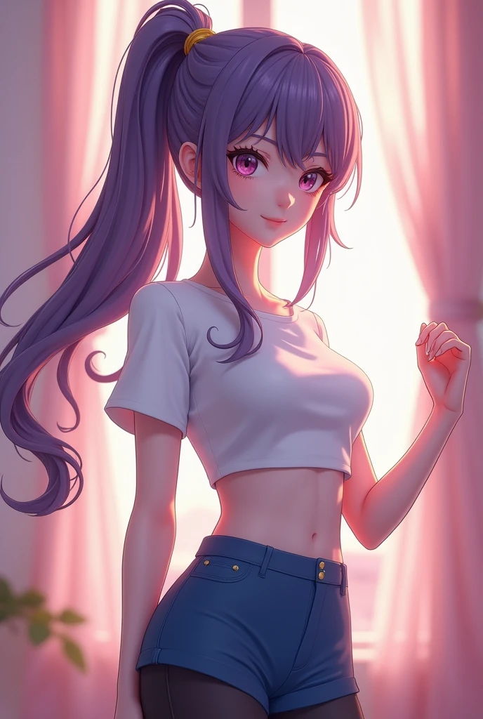 Fond blanc simple,
blanc_À collier_chemise,court_manches,bleu_courts,ceinture, noir_jambières,
violet_Long_cheveux, violet_yeux,cheveux_entre_yeux,queue de cheval,tresser,
1 fille, 20 ans,Jeune femelle,Beau Finger,Beau Long legs,
Beau body,Beau Nose,Beau character design,
perfect yeux, perfect affronter,expressive yeux,équilibre parfait,
regarder le spectateur,(Focus on her affronter),bouche fermée, (innocent_grand_yeux:1.0),(Lumière_sourire:0.3),
art officiel,fond d'écran CG Unity 8k extrêmement détaillé,
éclairage parfait,Coloré, brillant_devant_affronter_Lumièreing,peau blanche,
(chef-d'œuvre:1.0),(meilleur_qualité:1.0), ultra haute résolution,4k,ultra-détaillé,
la photographie, 8k, HDR, haute résolution, absurdes:1.2, Kodak portrait 400, grain de film,
arrière-plan flou, bokeh:1.2, reflet, (vibrant_couleur:1.2),photographe professionnel,
(Beau,grand_seins:1.4), (Beau_affronter:1.5),(étroit_Taille),
